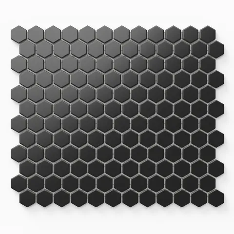 Levi 1x1 mosaic matte porcelain tiles showcasing sleek black hexagonal patterns for a bold and contemporary look