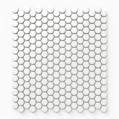 With their clean grid layout, these 12x12 matte white penny round mosaic tiles offer a timeless, versatile design perfect for enhancing floors and walls alike.