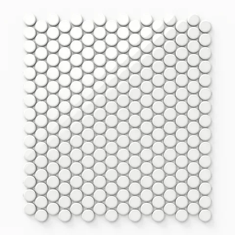 Featuring a shiny white finish, these 12x12 penny round tiles are laid out in a refined mosaic design, adding a timeless, clean look to any contemporary interior.
