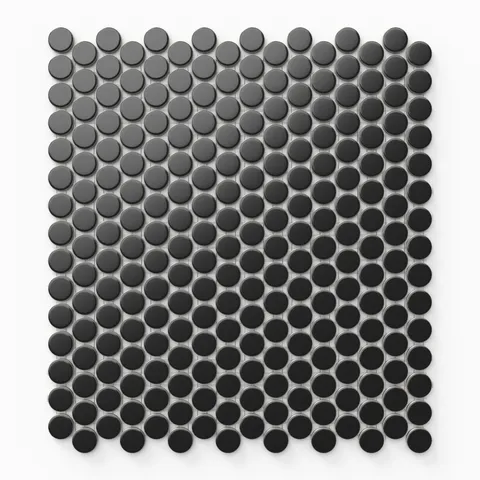 These 12x12 matte black penny round tiles form a smooth mosaic pattern, creating a bold, modern look with an air of timeless elegance.
