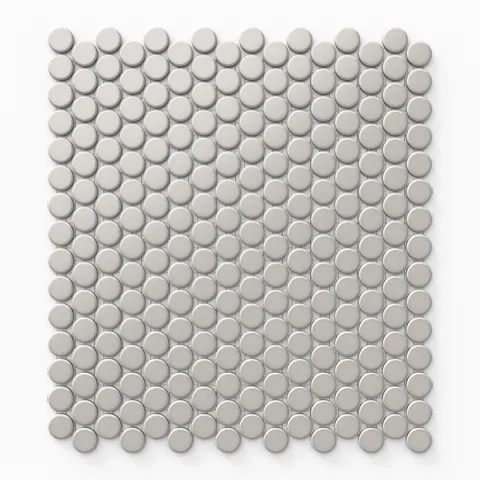 The 12x12 penny round mosaic tiles in matte grey are arranged seamlessly, providing a minimalist and enduring design that adds elegance and simplicity to contemporary spaces.