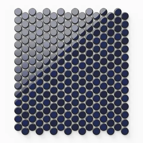 A beautiful 12x12 mosaic of glossy blue penny round tiles, featuring a reflective finish that introduces both vibrancy and depth, creating a dynamic atmosphere in any room.