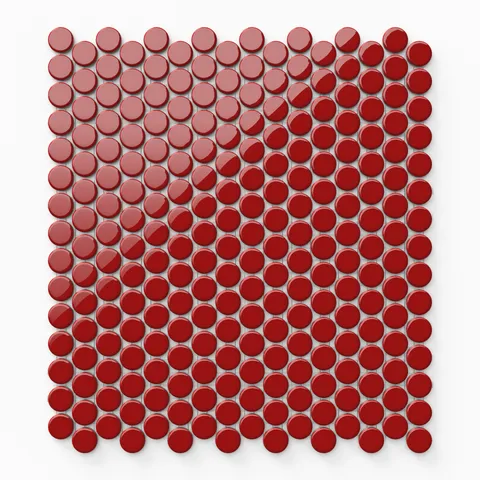 Featuring a striking mosaic pattern, these 12x12 glossy red penny round tiles bring a pop of bold color and a modern edge to any space.
