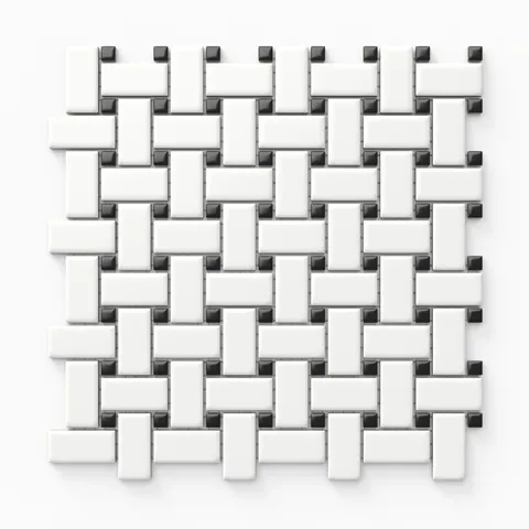 Matte black and white basketweave mosaic tiles, creating a striking yet classic pattern for walls or floors.