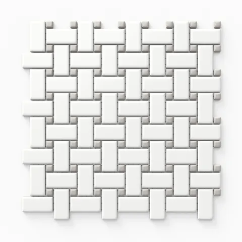 Matte white and grey basketweave mosaic tiles, offering a refined and elegant pattern suitable for timeless interiors.