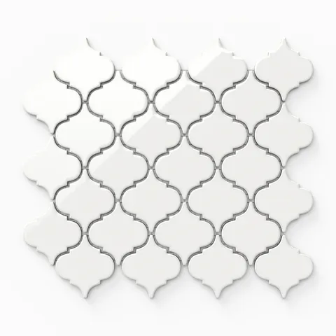 Mabel white mosaic porcelain tile featuring a glossy finish and a timeless Moroccan lantern pattern for classic elegance