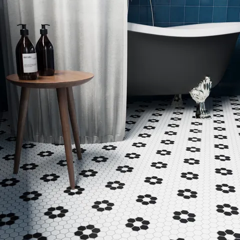 Quinn 12 x 12 Matte Porcelain Hexagon Flower Mosaic Tile in Black & White Mix