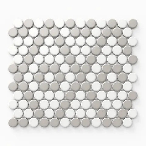 These penny round mosaic tiles, in matte white and grey, offer a stylish yet timeless design, perfect for both wall and floor applications in contemporary spaces.