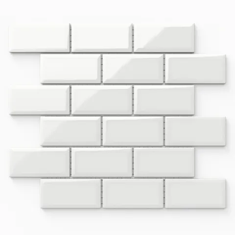 Maggie white mosaic porcelain tile in a 2x4 beveled brick pattern with a glossy finish, ideal for clean, modern designs