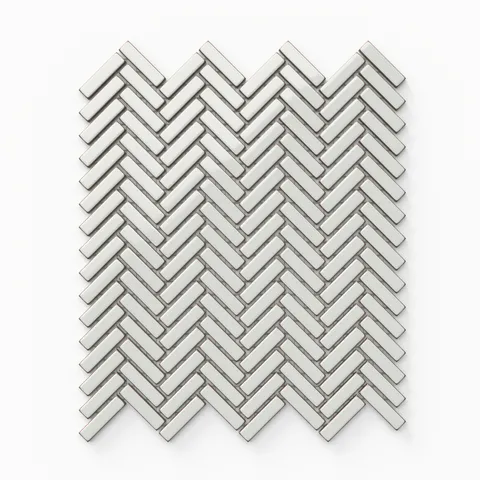 Maggie off-white mosaic porcelain tile featuring a glossy herringbone pattern, perfect for elegant and timeless interiors
