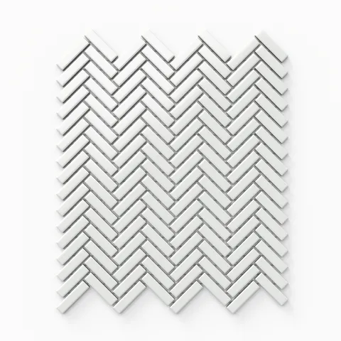 Glossy white 12x12 herringbone mosaic porcelain tiles, featuring a dynamic zigzag pattern with sleek rectangular pieces, perfect for modern interiors