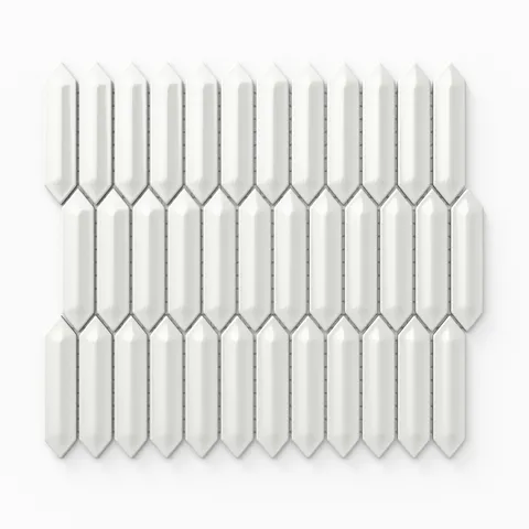 Maggie white 3D picket mosaic porcelain tile in a glossy finish, showcasing sleek elongated geometric shapes for modern interiors