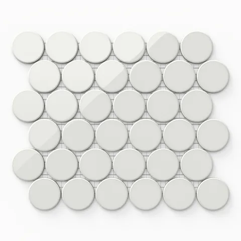 Glossy white round mosaic tiles in a seamless 12x12 layout, perfect for clean and contemporary spaces
