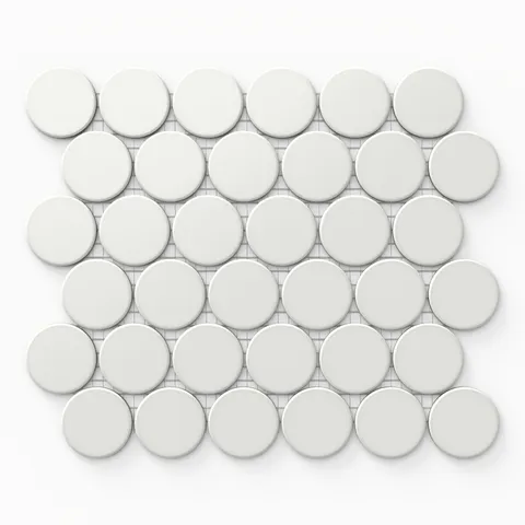 Minimalist white round mosaic tiles in a matte 12x12 design, ideal for bright, clean aesthetics