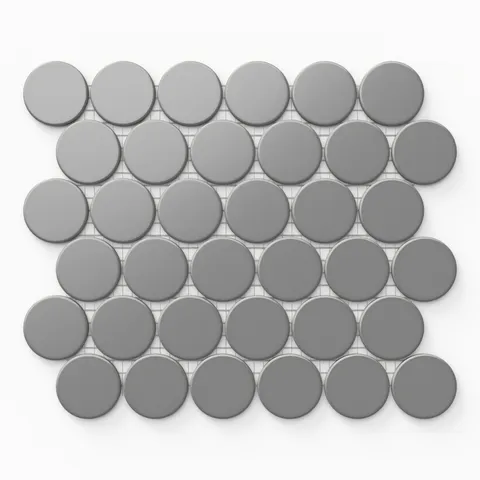 Soft grey round mosaic tiles in a matte 12x12 layout, perfect for understated modern spaces