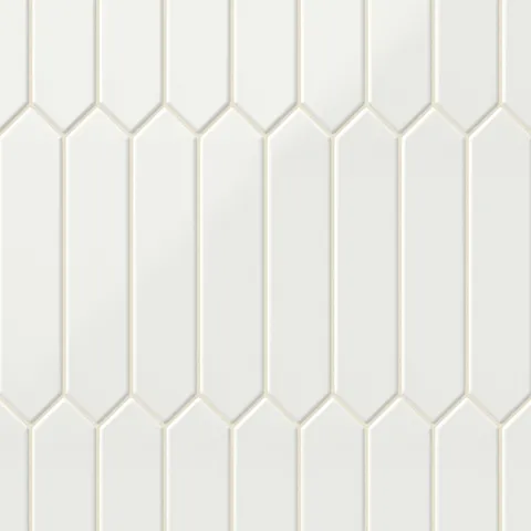 Glossy white 2x10 picket tiles in a soft cloud shade, creating an elegant and contemporary geometric pattern for walls or backsplashes.