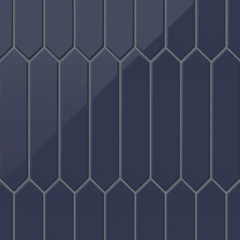 Glossy blue picket tiles with anavy hue, featuring a sleek geometric design for elegant and contemporary interior spaces.