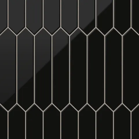 Glossy black picket tiles in a dramatic midnight shade, featuring a bold geometric pattern for modern and luxurious interiors.