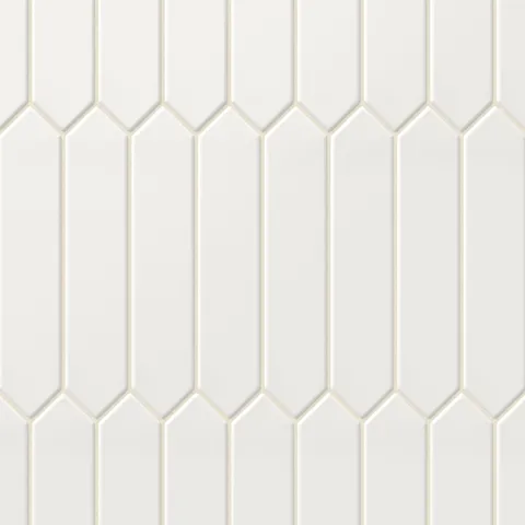 Elegant matte white picket tiles in a classic 2x10-inch size, forming a clean, geometric design for timeless sophistication.