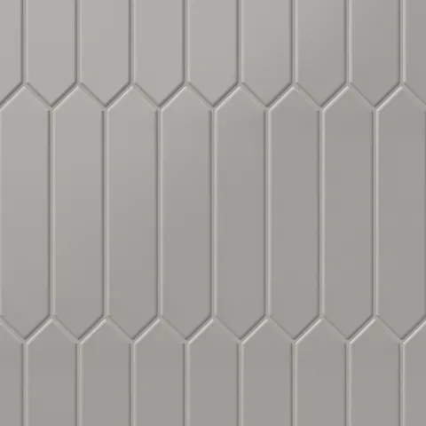Matte taupe picket tiles in a refined 2x10-inch layout, offering a sleek and modern geometric pattern for subtle elegance.