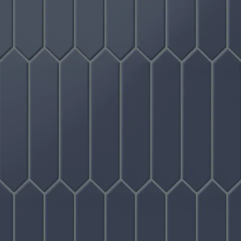 Matte blue picket tiles in a sleek 2x10-inch configuration, offering a bold yet versatile geometric pattern for modern spaces.