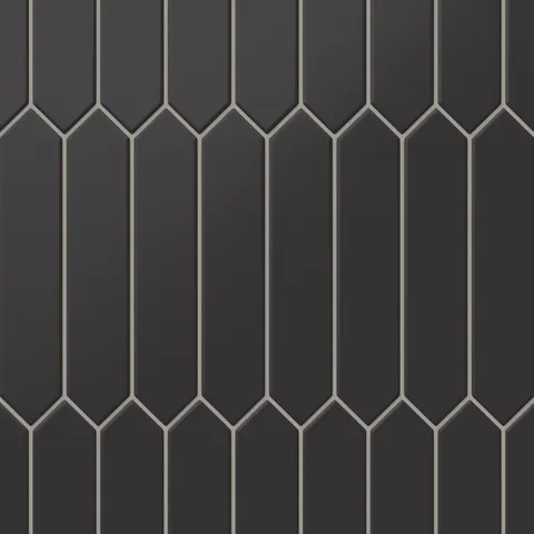 Matte black picket tiles in a striking 2x10-inch design, delivering bold sophistication with clean geometric lines