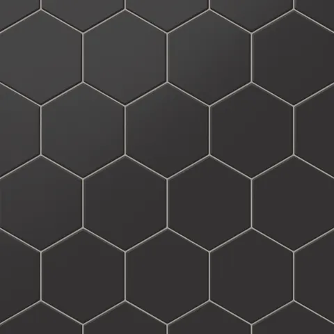 Matte black hexagon tiles in a 5x6-inch format, offering bold geometric styling for sleek and contemporary interiors.