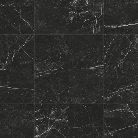 Leona 12x12 matte porcelain tile in Nero Marquina, featuring deep black tones with striking white veining for a bold, elegant finish.