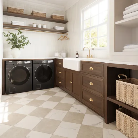 Leona 12 x 12 Checkerboard Matte Porcelain Tile in Calacatta and Marfil