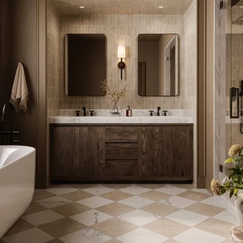 Leona 12 x 12 Checkerboard Matte Porcelain Tile in Calacatta and Marfil