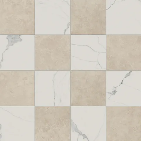 Leona Calacatta and Marfil 12x12 matte tiles create a classic checkerboard pattern with soft beige and white marble-inspired tones.