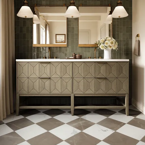 Leona 12 x 12 Checkerboard Matte Porcelain Tile in Calacatta and Amani Bronze