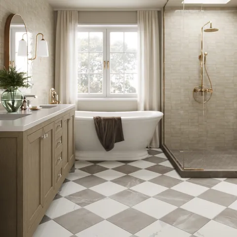 Leona 12 x 12 Checkerboard Matte Porcelain Tile in Calacatta and Amani Bronze