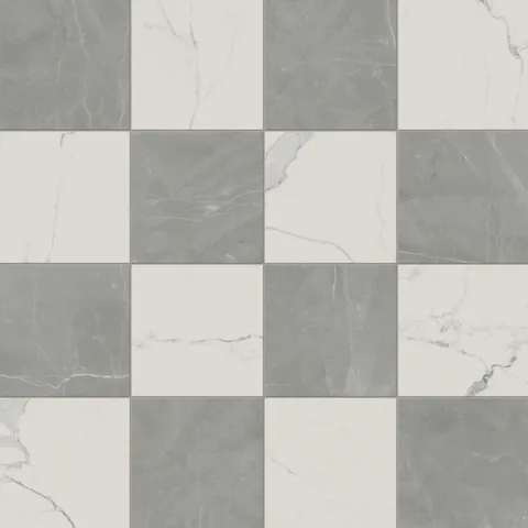 Leona Calacatta and Amani Grey checkerboard 12x12 matte tiles featuring a sophisticated contrast of white and grey marble textures.