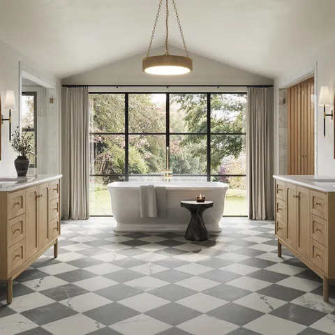 Leona 12 x 12 Checkerboard Matte Porcelain Tile in Calacatta and Amani Grey