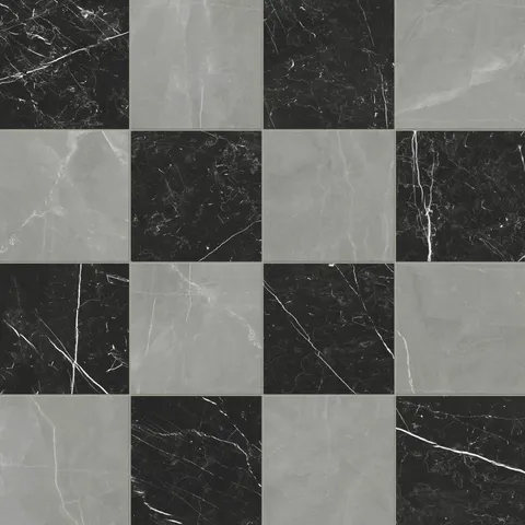 Leona Amani Grey and Nero Marquina tile, 12x12 matte finish, showcasing a striking grey and black marble-inspired checkerboard pattern.