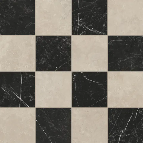 Leona Marfil and Nero Marquina Checkerboard 12x12 Matte tiles deliver a striking contrast of soft beige and bold black marble tones.