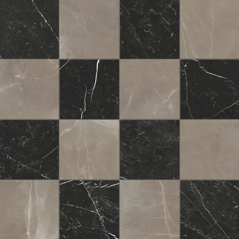 Leona Amani Bronze and Nero Marquina tile, 12x12 matte finish, featuring a sophisticated checkerboard pattern with warm brown and bold black marble-look tones.
