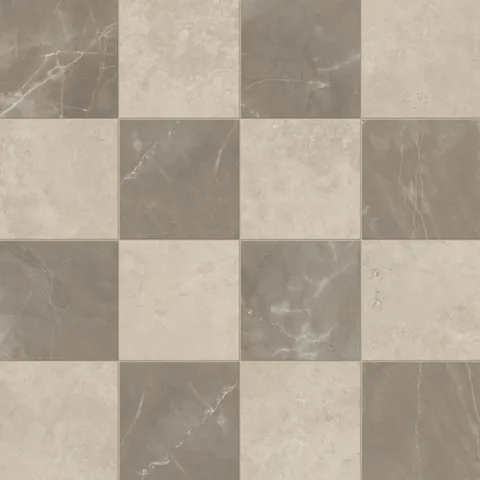 Leona Marfil and Amani Bronze 12x12 matte tiles in a striking checkerboard pattern, blending soft beige and brown hues.