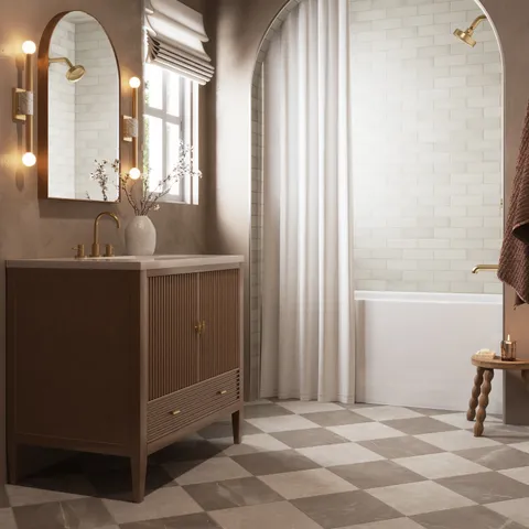 Leona 12 x 12 Checkerboard Matte Porcelain Tile in Marfil and Amani Bronze