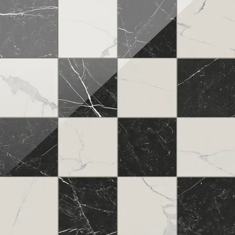 Leona Calacatta and Nero Marquina Checkerboard 12x12 gloss tiles, featuring dramatic marble-look black and white tones for a bold statement.