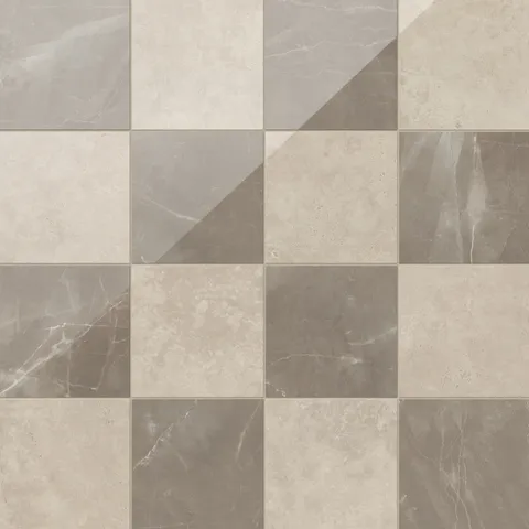 Leona Marfil and Amani Bronze tile, 12x12 gloss finish, combining soft beige with rich brown hues for an elegant checkerboard pattern.