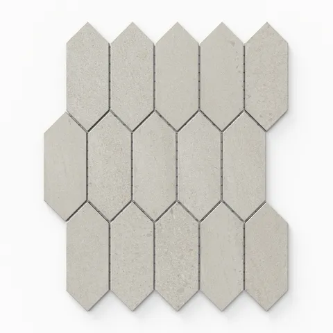 Bryce Sand Picket 12x12 Satin Porcelain Tile featuring a light beige tone, arranged in an elongated hexagon pattern.