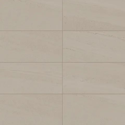 Bryce Dune 12x24 Satin Porcelain Tile showcasing a warm beige tone with delicate linear textures, ideal for sophisticated interiors.