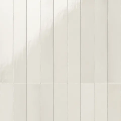 Glossy off-white ceramic subway tiles, aligned vertically for a clean and contemporary look