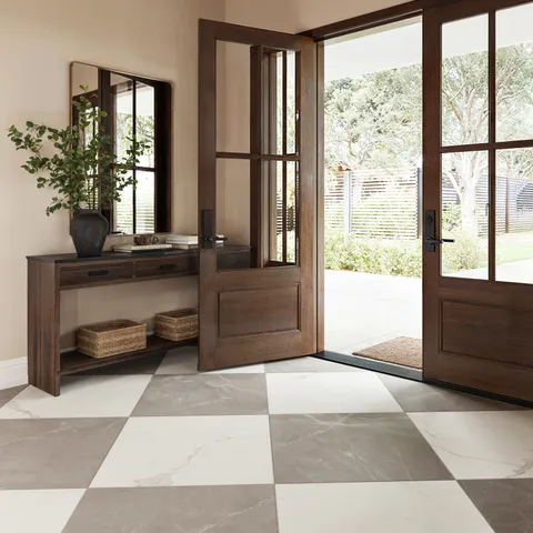 Leona 24 x 24 Checkerboard Matte Porcelain Tile in Calacatta and Amani Bronze