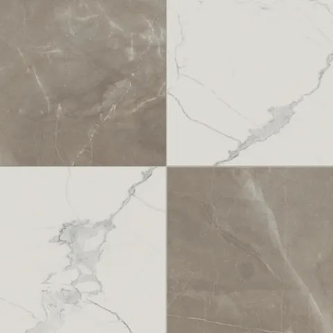 Leona Calacatta white and Amani brown checkerboard 24x24 matte tiles deliver a bold, contemporary aesthetic with their large-scale design.