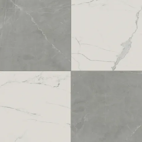 Leona Calacatta and Amani Grey Checkerboard 24x24 Matte tiles combine modern grey and timeless white for a balanced design.