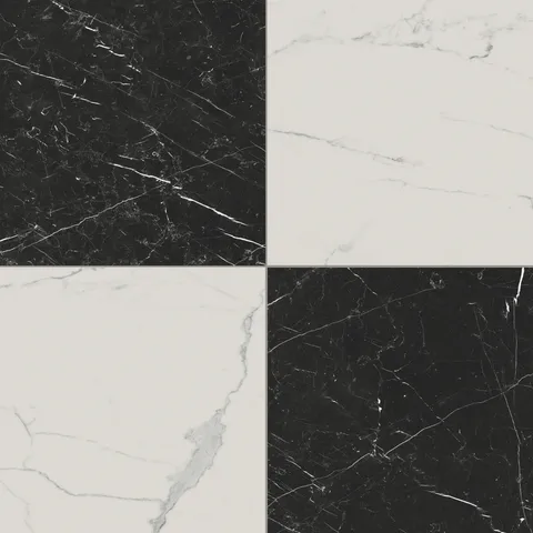 Leona Calacatta white and Nero Marquina black checkerboard, 24x24 matte tiles offer bold contrast and timeless elegance for large spaces.