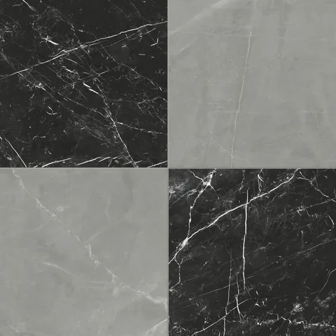 Leona 24x24 matte porcelain tile in Amani Grey and Nero Marquina, blending cool grey tones with deep black marble-look for a bold checkerboard pattern.